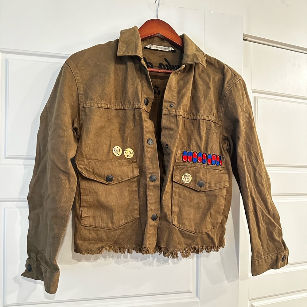 Vintage Zara Military Style Jacket with Pins and Patches (M)